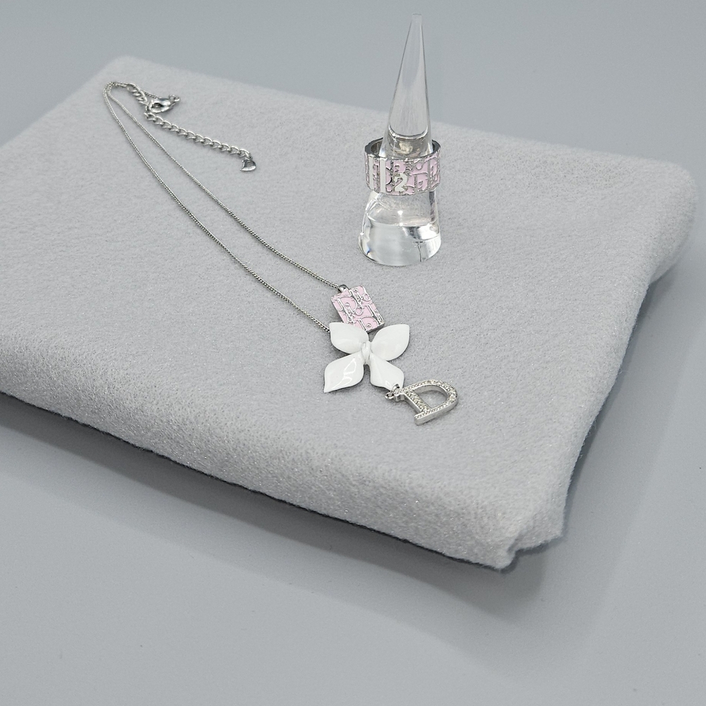 Dior Trotter Necklace White Pendant And Pink Trotter Ring Set